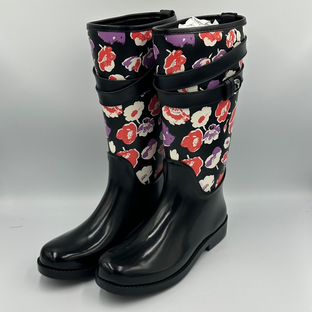 Coach Trisha II Print Rain Boots Black Floral Buckle Accent Size 7B - Picture 14 of 15